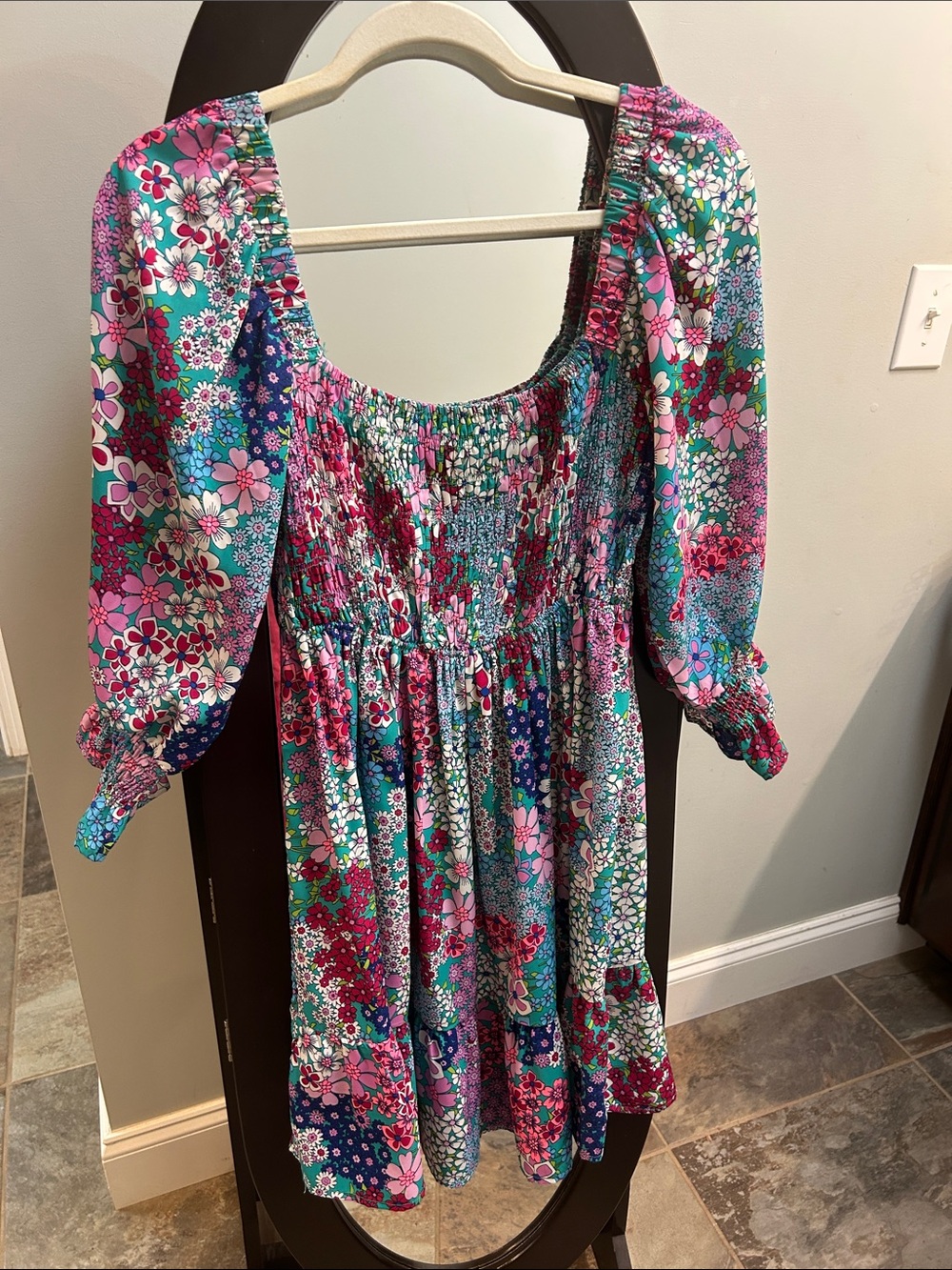 Karlie Floral Smocked Puff-Sleeve Dress in Teal & Pink